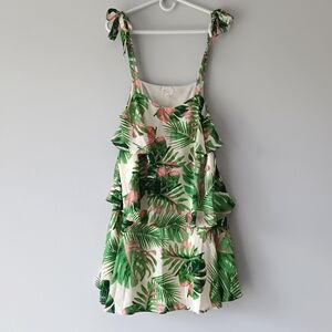Dee Elly Sleeveless Tiered Ruffle Mini Dress Tropical Leaves Green Pink Small